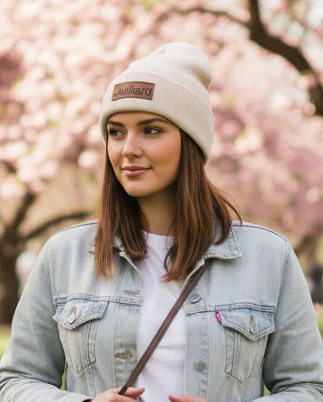 Beanie: Cream Juilliard cuff beanie with leather patch (cream)