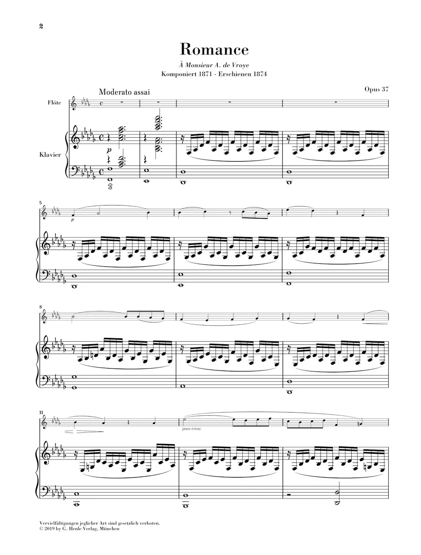 Saint-Saëns: Romance in D flat major, Op. 37 for Flute and Piano (Score and Parts) - Image 2