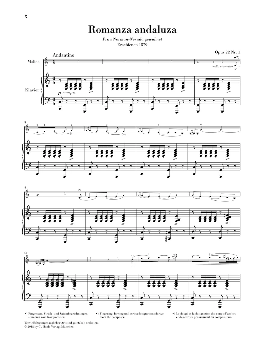 Sarasate: Romanza andaluza - Spanish Dance No. 3 for Violin and Piano (Score and Parts) - Image 2