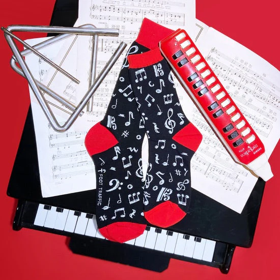 Socks: Dancing Notes Men's (Black with white notes and Red Accent) - Image 3
